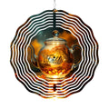 Brown tea kettle wind spinner with translucent kettle graphic inside striped swirl blades