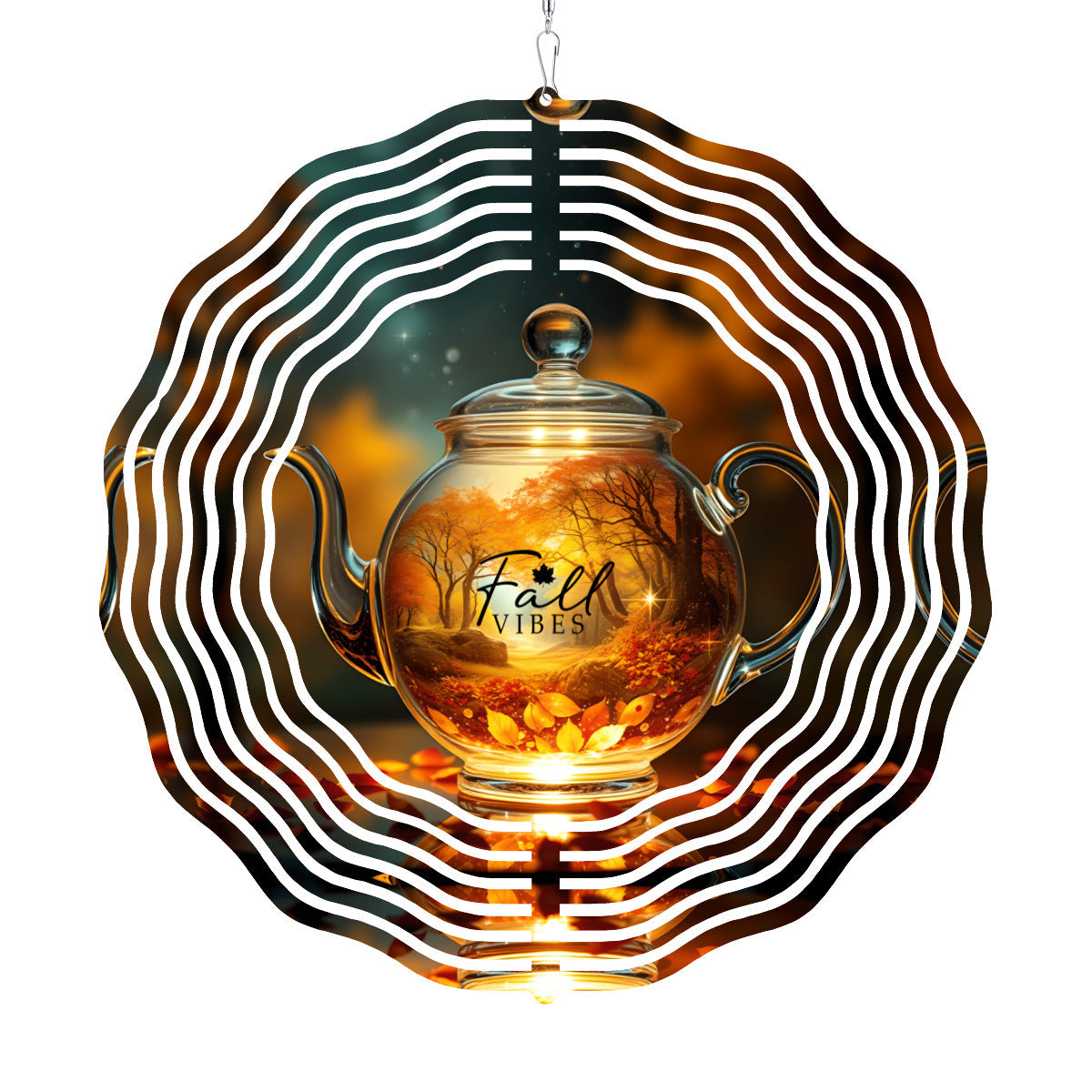 Brown tea kettle wind spinner with translucent kettle graphic inside striped swirl blades