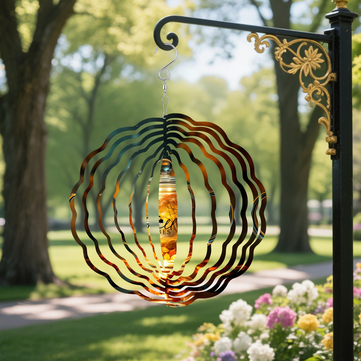 Brown tea kettle wind spinner hanging from a black post with rotating swirl blades