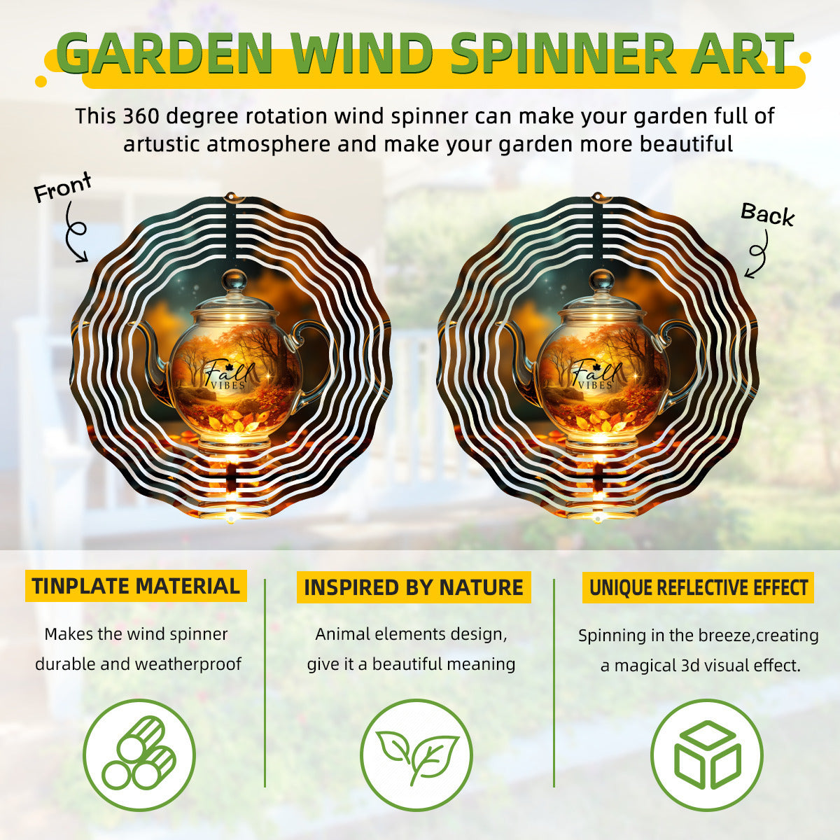 Tea kettle wind spinner showing front and back designs with concentric striped blades