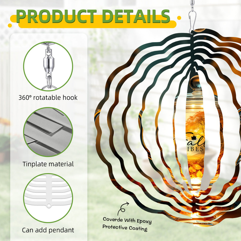 Tea kettle wind spinner close-up with 360° rotating hook and concentric swirl pattern