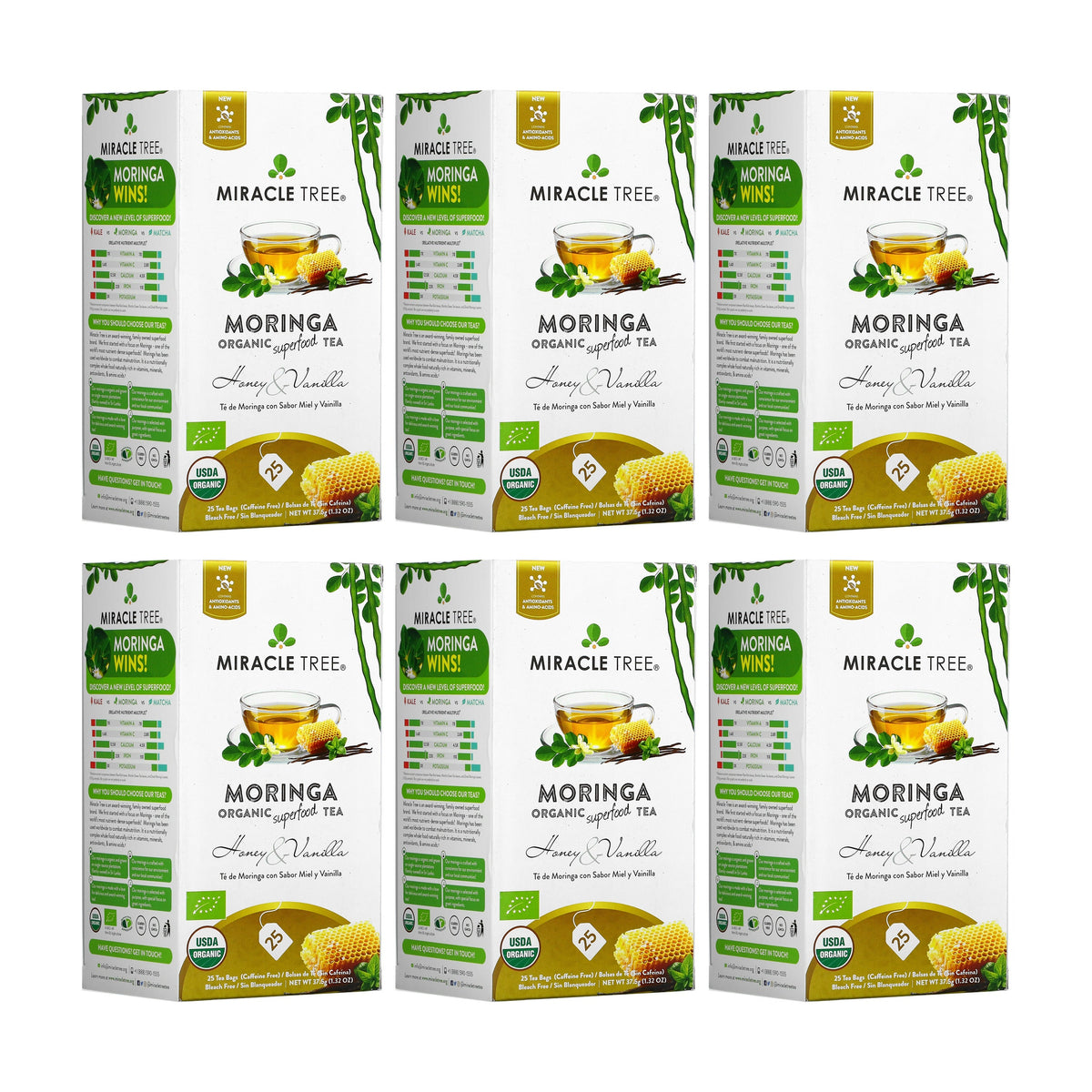 Caffeine-free herbal tea cartons with honey and vanilla flavor, shown as multiple boxes