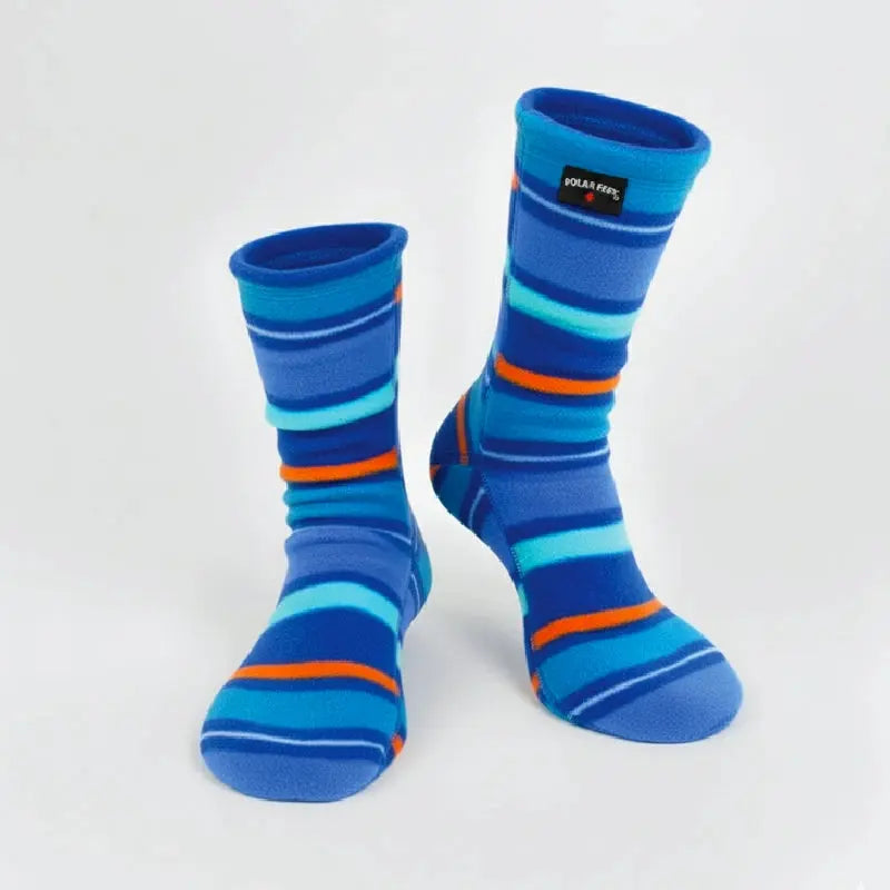 Blue fleece crew socks with teal and orange horizontal stripes