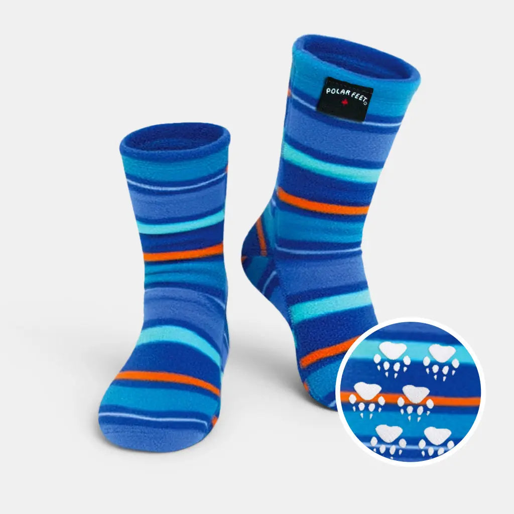 Blue fleece crew socks with teal, navy, and orange stripes and paw print graphic