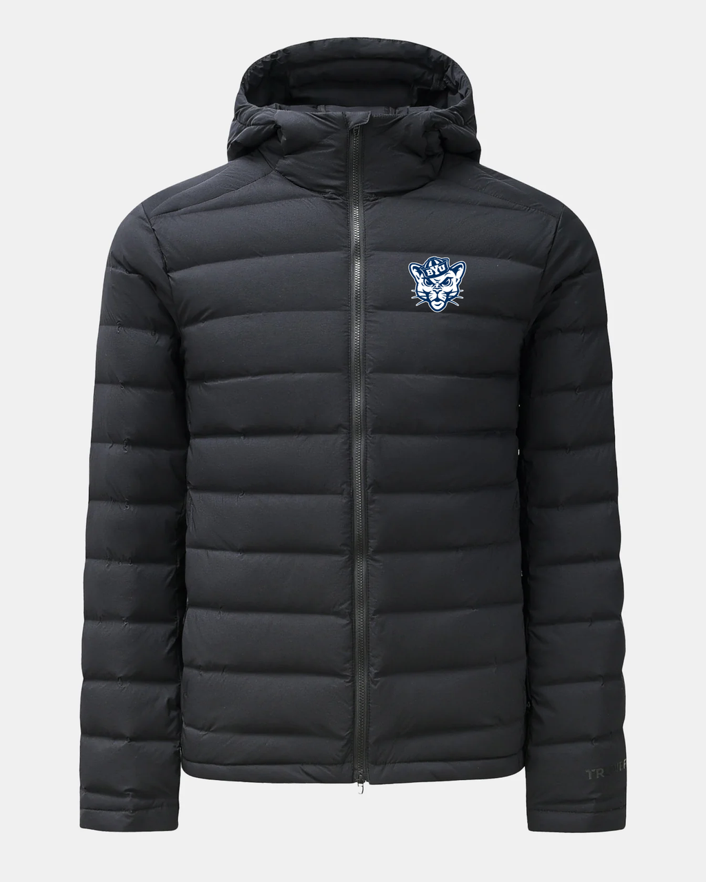 Black puffer down jacket with full-zip front, hood, and small BYU logo at chest