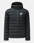 Black puffer down jacket with full-zip front, hood, and small BYU logo at chest
