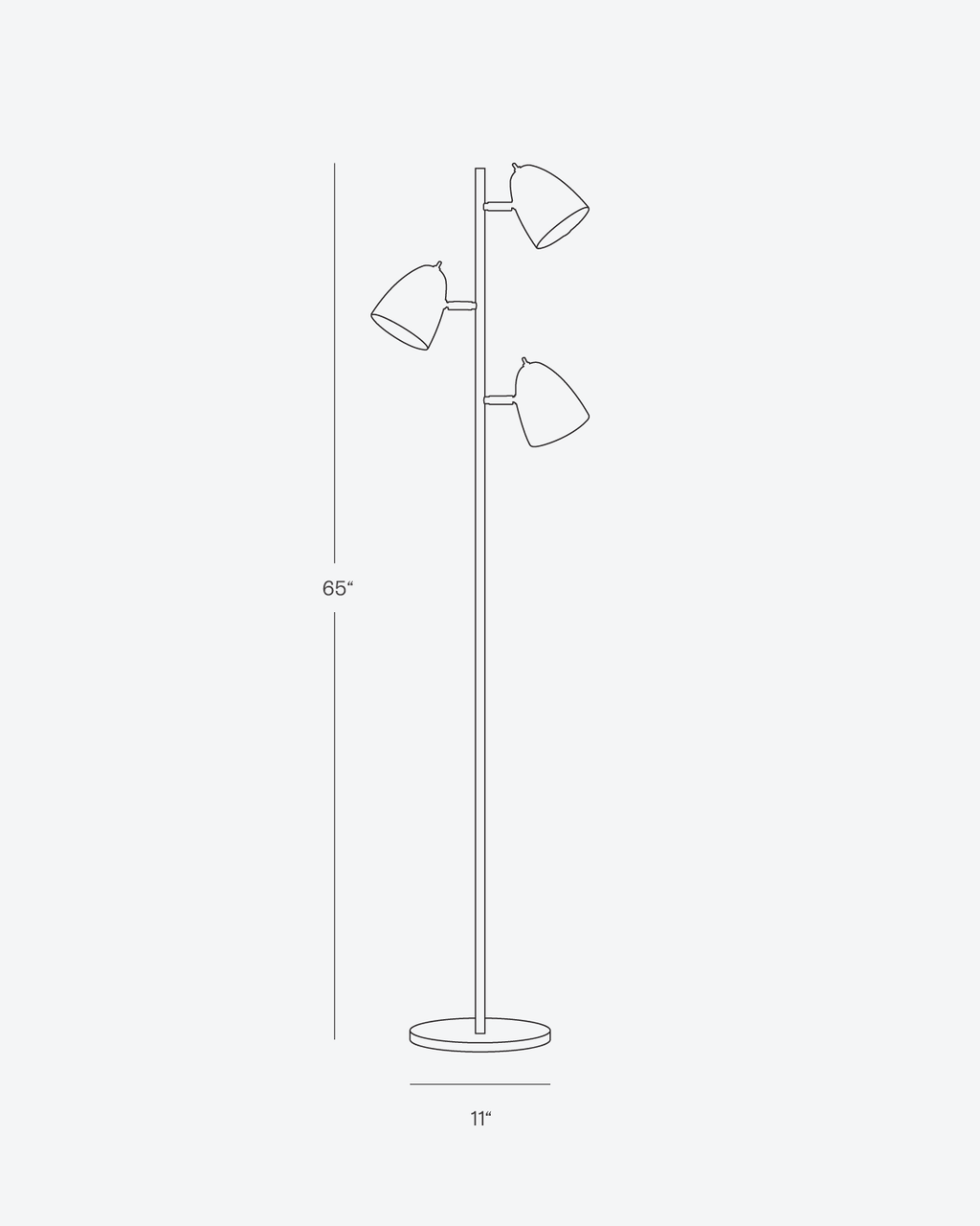 Brass floor lamp dimensions diagram: 65" height, 11" base