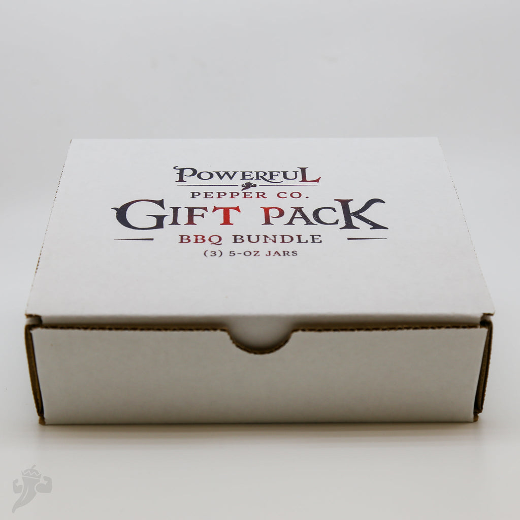 Closed BBQ spice gift pack box with “Gift Pack BBQ Bundle” text on top