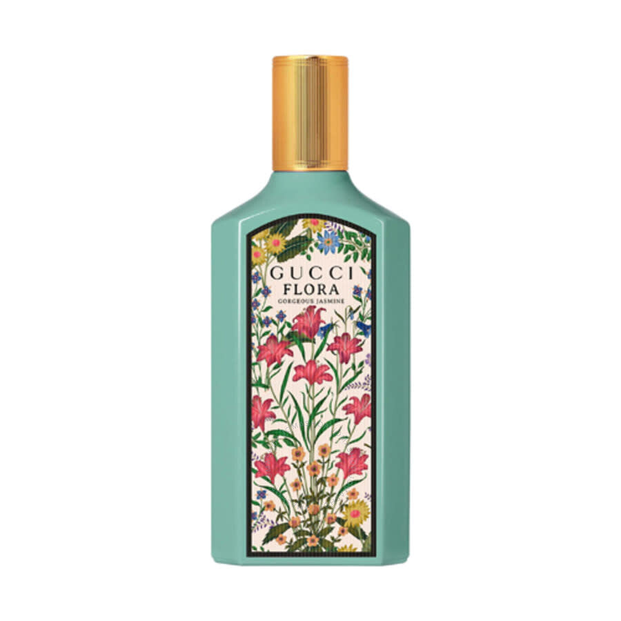 Gucci Flora Gorgeous Jasmine eau de parfum bottle, teal glass with gold cap