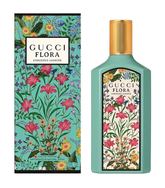 Gucci Flora Gorgeous Jasmine eau de parfum bottle with matching decorative product box