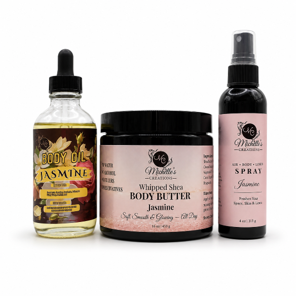 Body care gift set with body oil, whipped shea butter, and air spray—Jasmine