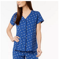 Blue printed cotton pajama top with V-neck, button front, and short sleeves