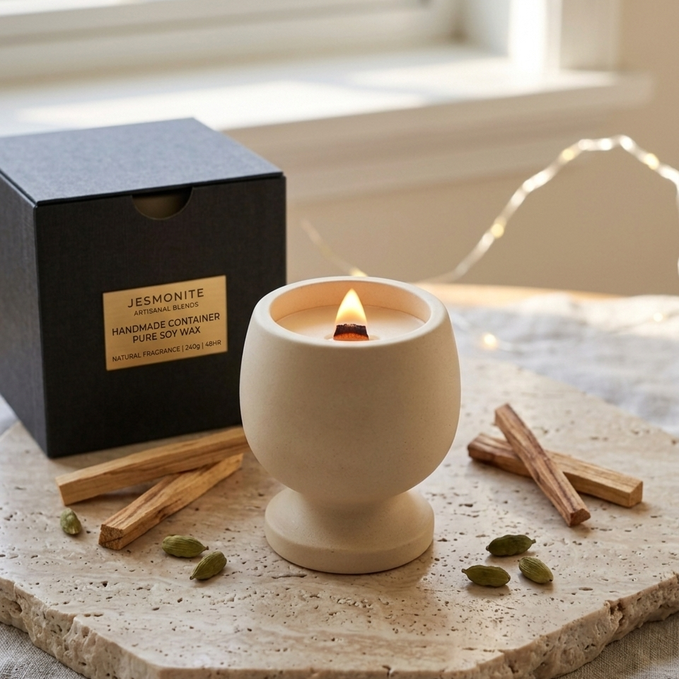 Beige pedestal candle with flame, on round base holder