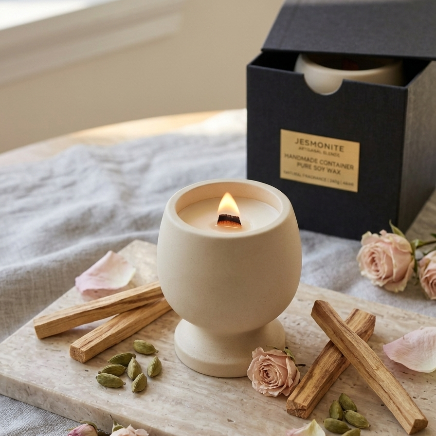 Beige pedestal candle with flame and wooden wick, in textured holder
