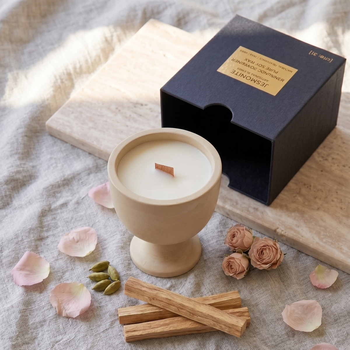 Beige pedestal candle with flame, gift box and natural wax look