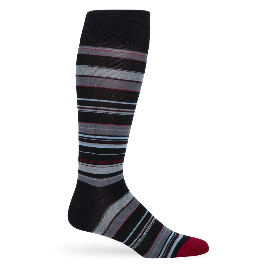 Black crew socks with gray, red, and striped pattern from cuff to toe