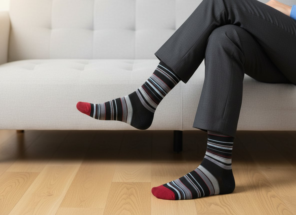 Black crew socks with red toes and multicolor striped bands
