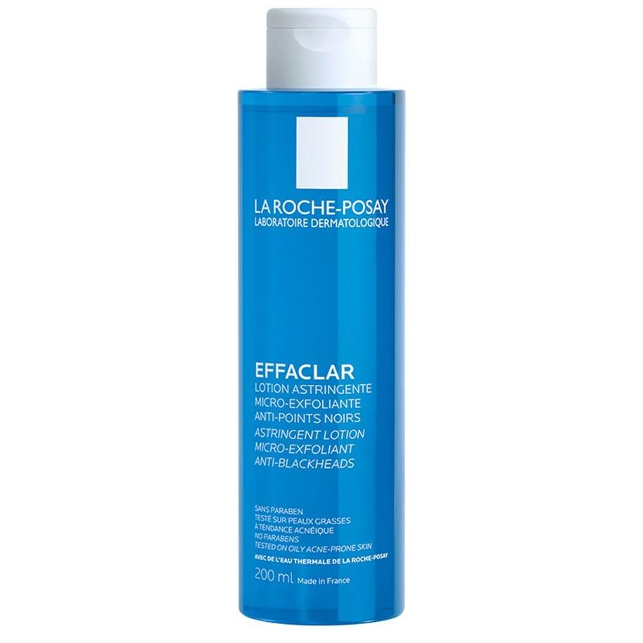 Effaclar face toner bottle front view, blue with white flip-top cap