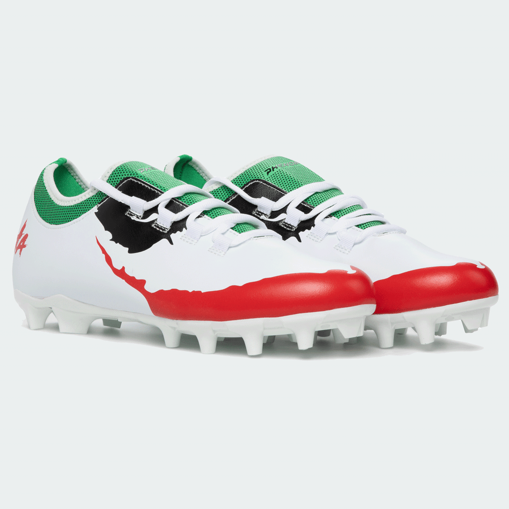White soccer cleat with green collar, red sole plate, black graphic detailing, screw-in studs