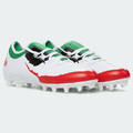 White soccer cleat with green collar, red sole plate, black graphic detailing, screw-in studs