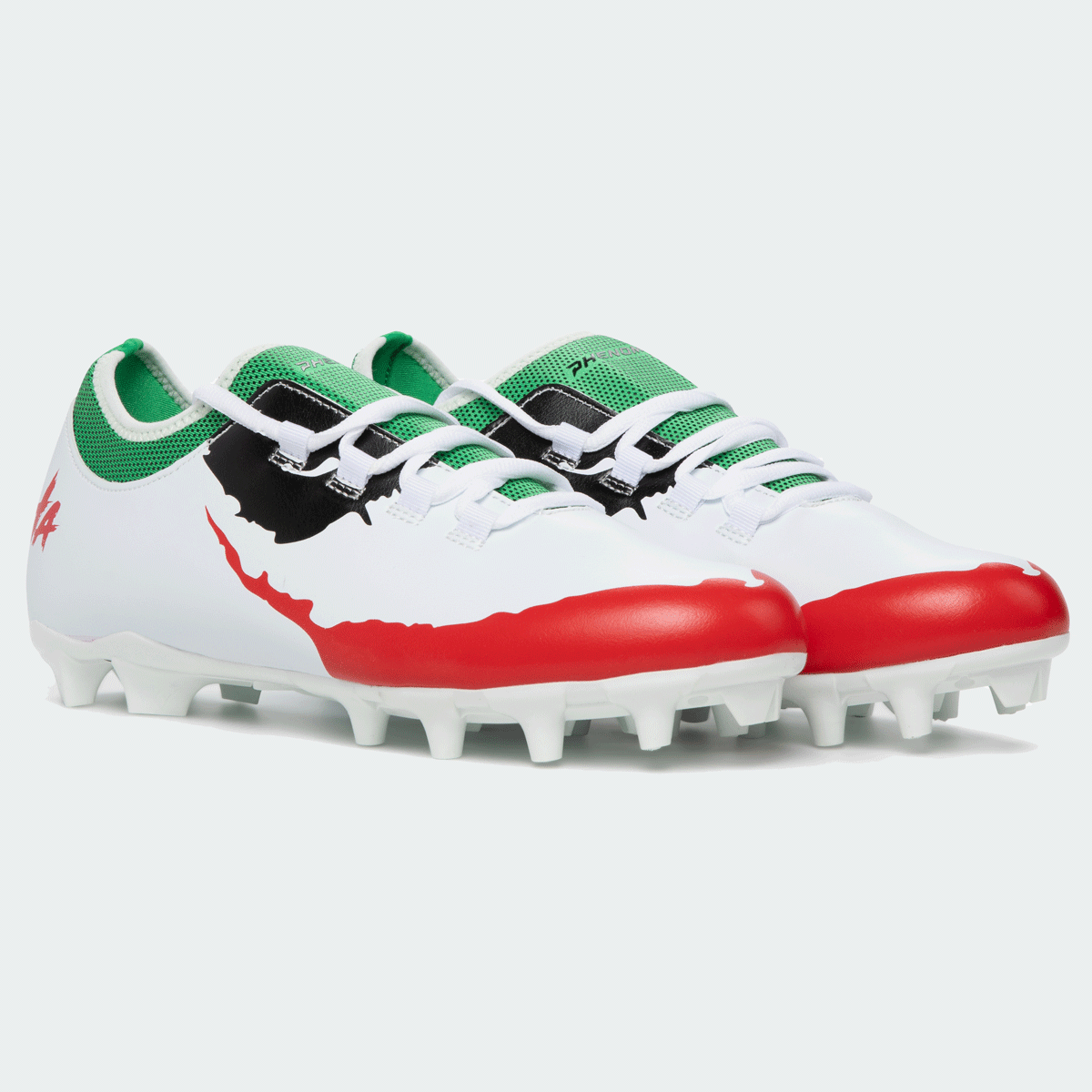 White soccer cleat with green collar, red sole plate, black graphic detailing, screw-in studs