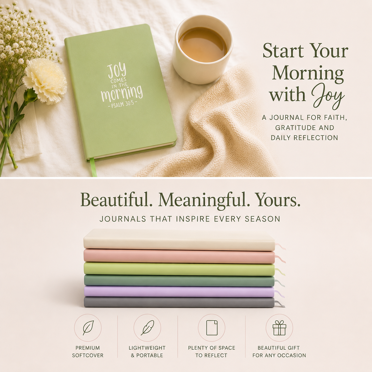 Soft leather journal with green ribbon bookmark and 'Joy comes in the morning' text