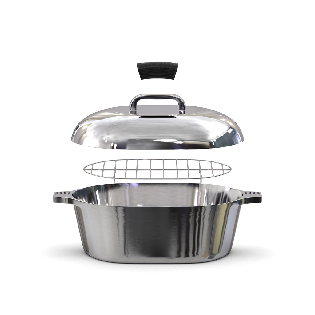 Stainless oval Dutch oven with domed lid and wire cooking rack