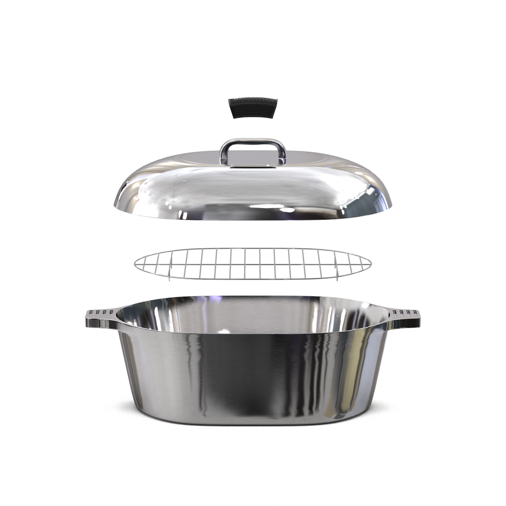 Oval stainless steel Dutch oven with matching lid and side handles