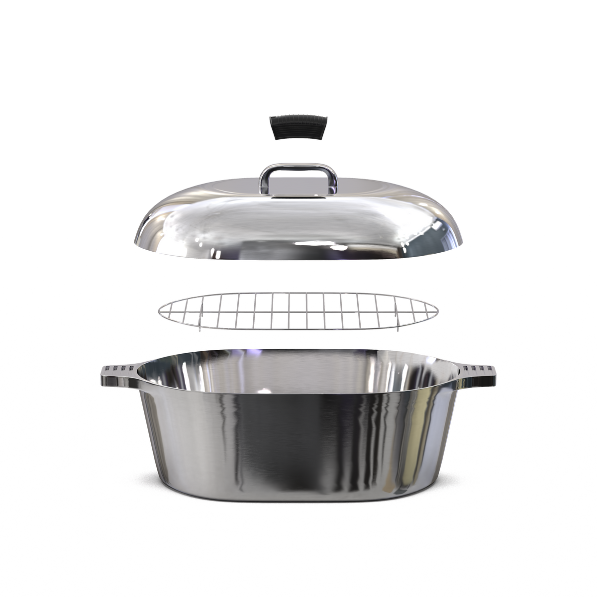 Oval stainless steel Dutch oven with matching lid and side handles