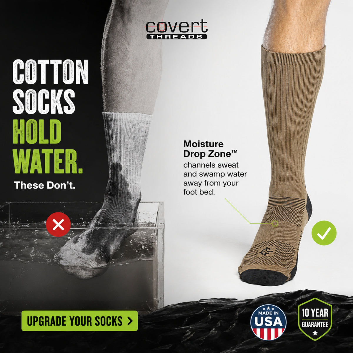 OD green crew sock showing cushioned black toe with moisture-wicking zones