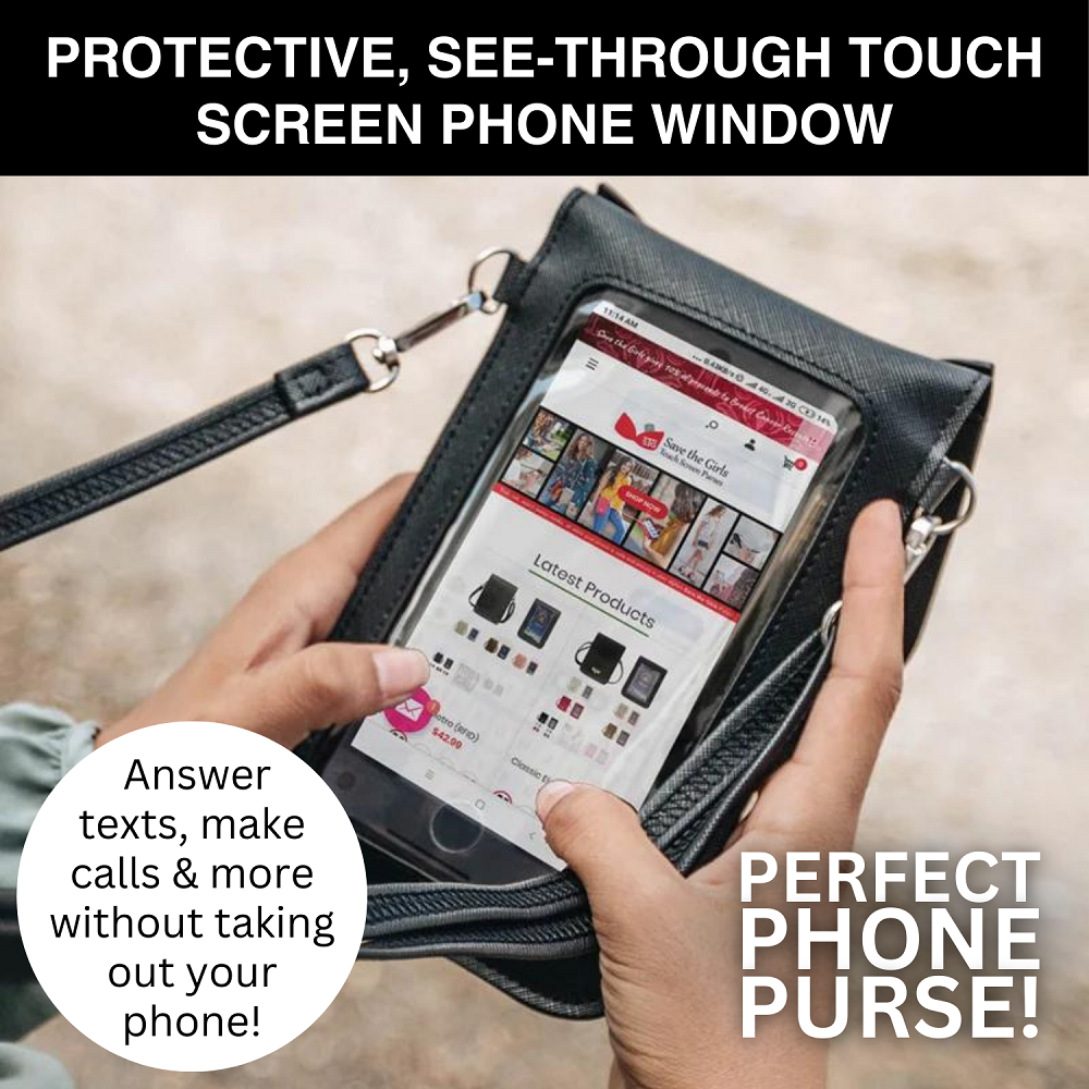 Black phone crossbody pouch with protective phone screen window for touch access