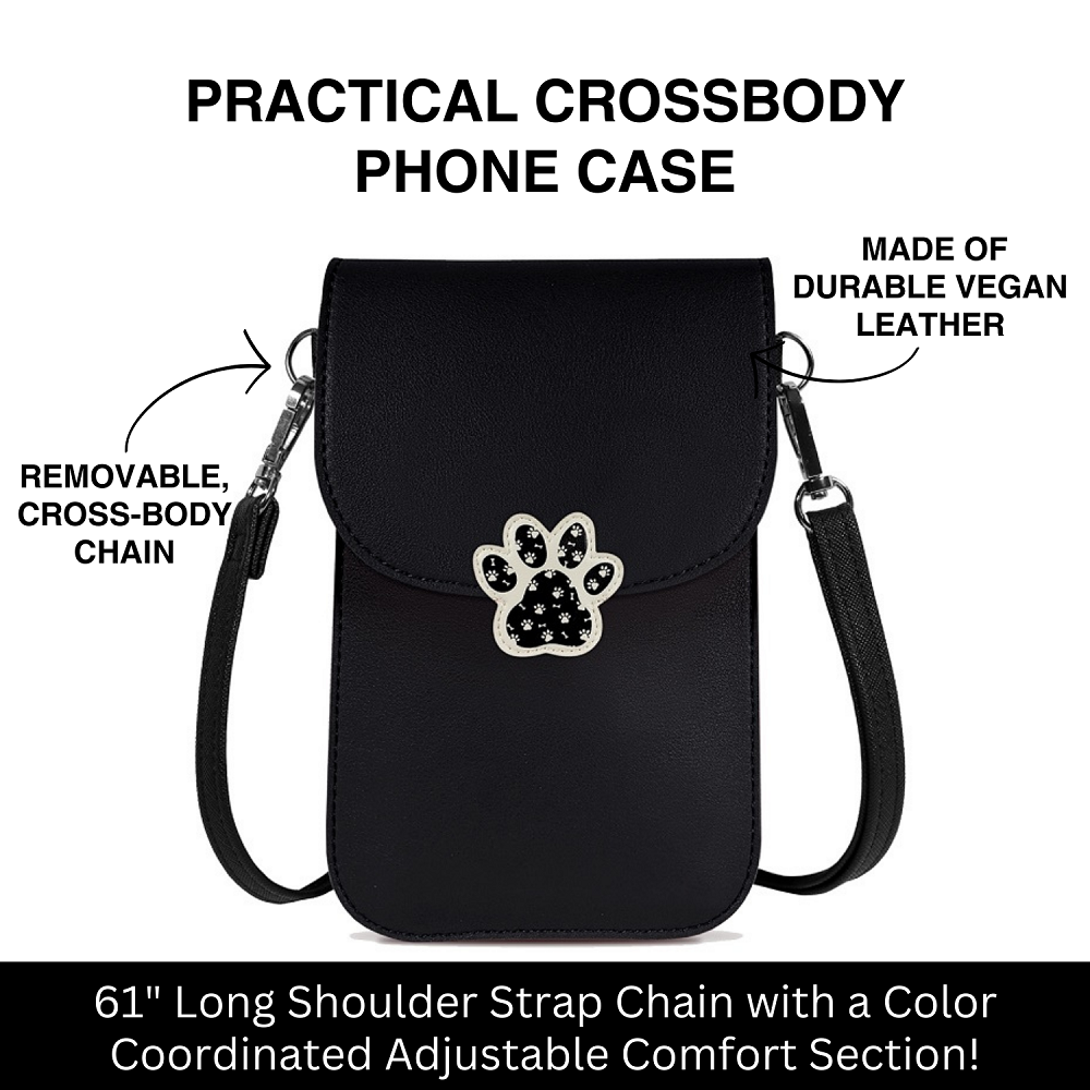 Black dog paw crossbody phone case purse with removable crossbody chain and vegan leather