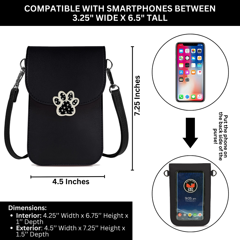 Black dog paw phone crossbody pouch with measurements; fits smartphones up to 3.25 x 6.5