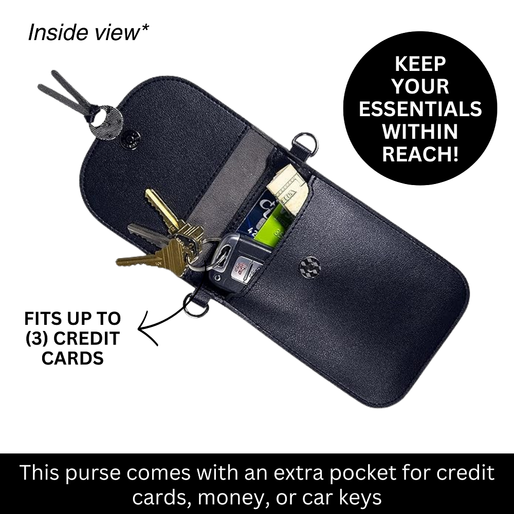 Black phone crossbody pouch inside view with card slots and extra pocket for essentials