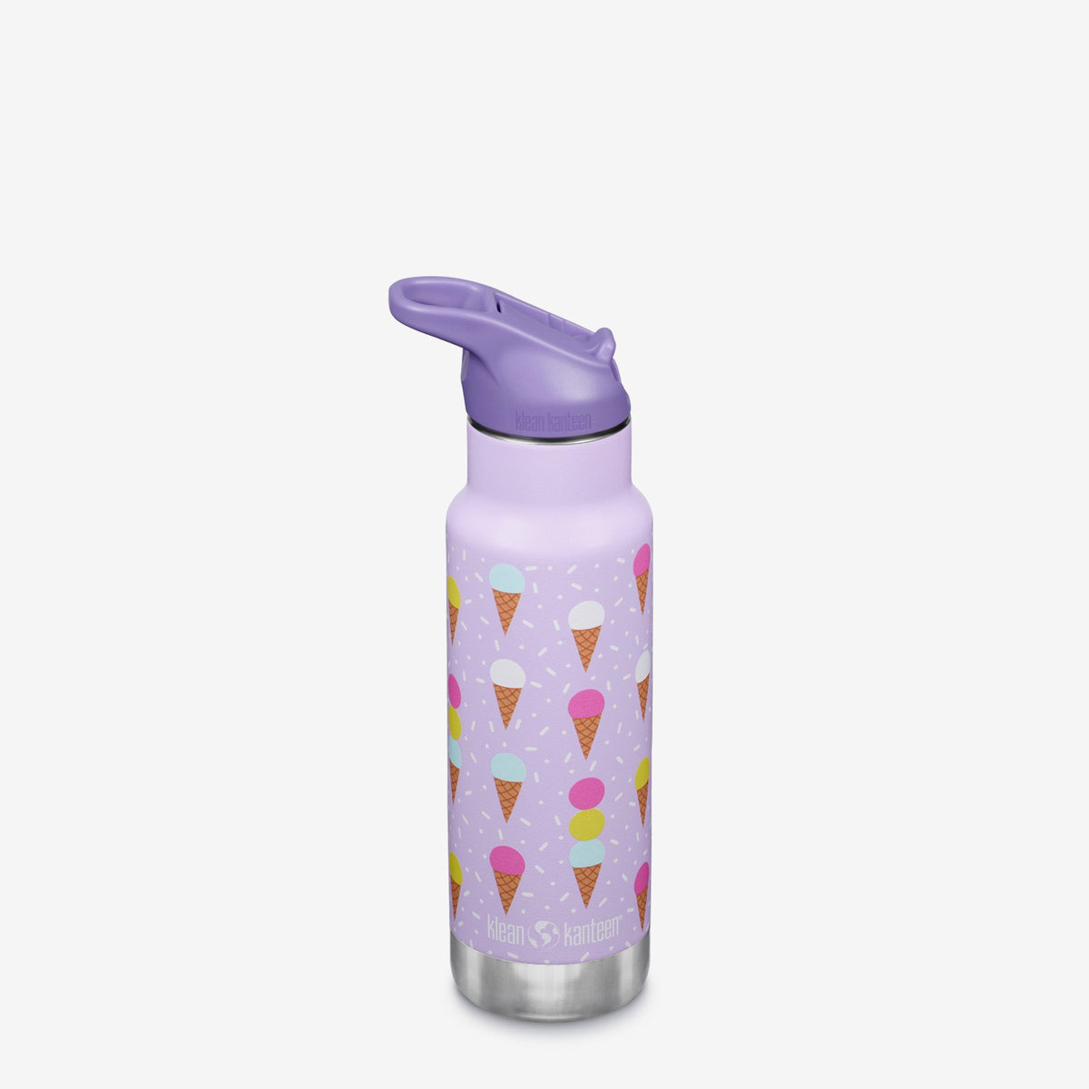 Kids insulated water bottle with purple flip-seal sport cap, ice cream cone print
