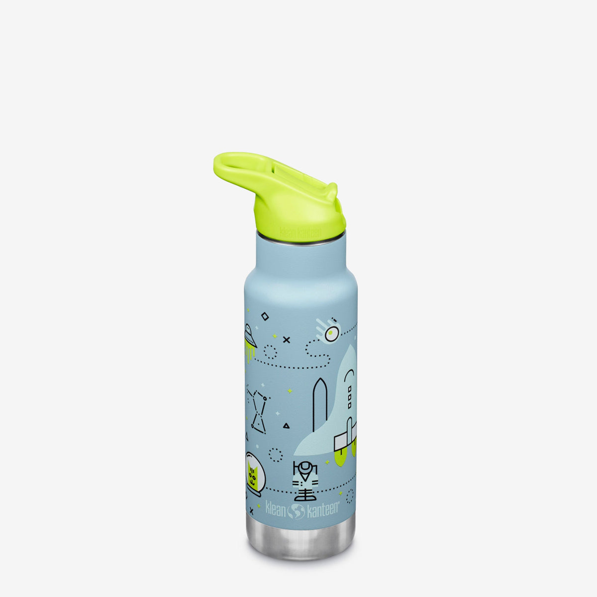 Insulated kids sport water bottle with lime flip-seal cap and blue doodle print