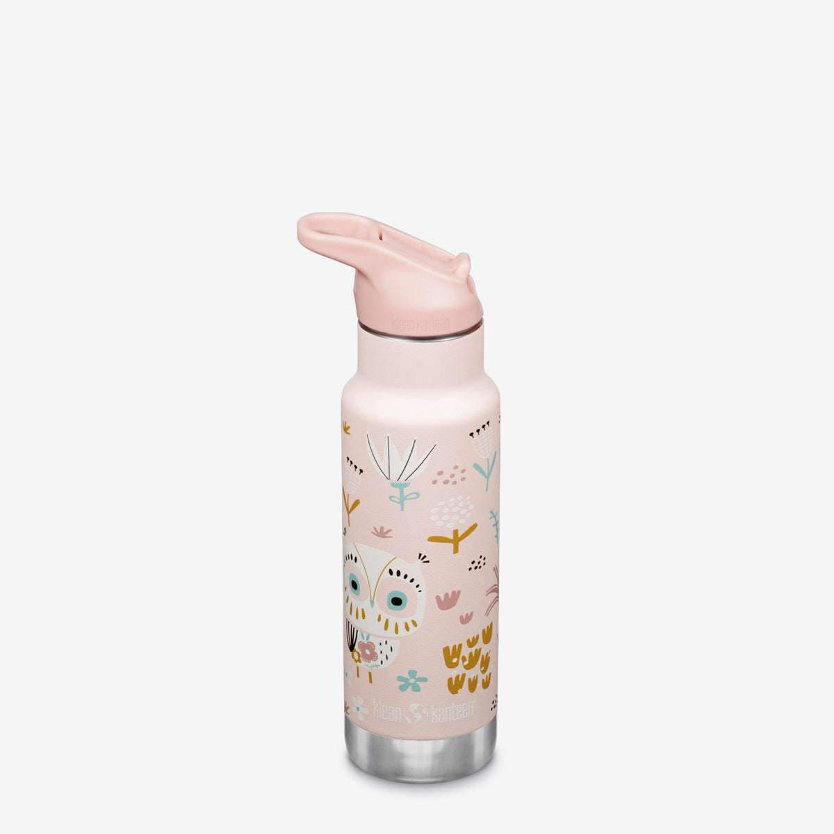 Insulated kids sport water bottle with pink flip-seal cap and animal print