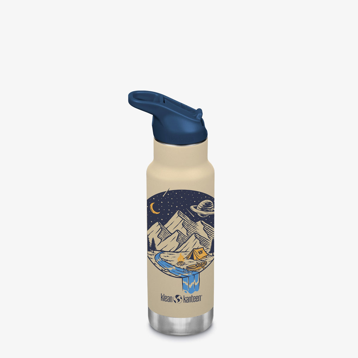 Insulated kids sport water bottle with navy flip-seal cap and mountain night print