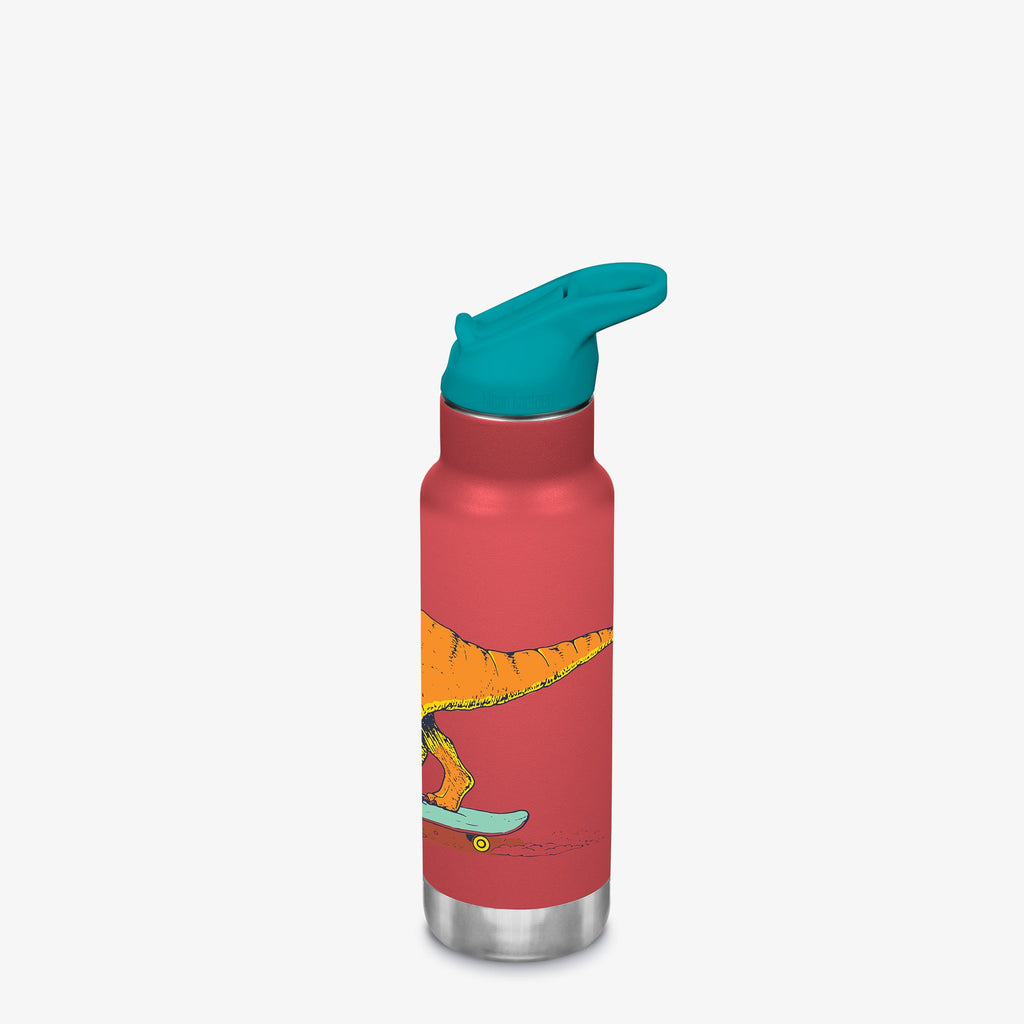 Insulated kids sport water bottle with teal flip-seal cap and orange dinosaur graphic