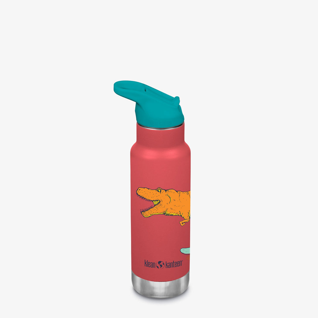 Insulated kids sport water bottle with teal flip-seal cap and dinosaur graphic