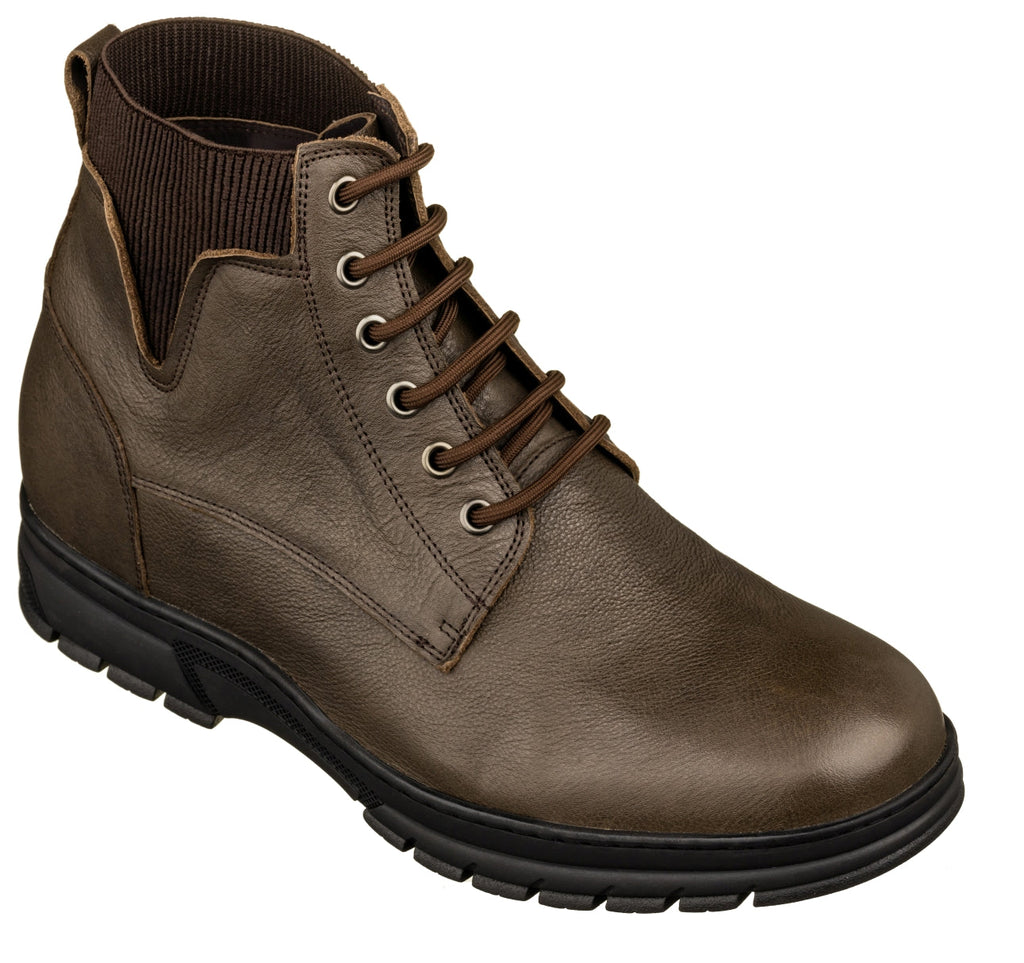 Chocolate brown high-top work boots with lace-up front and padded ankle collar