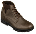 Chocolate brown high-top work boots with lace-up front and padded ankle collar