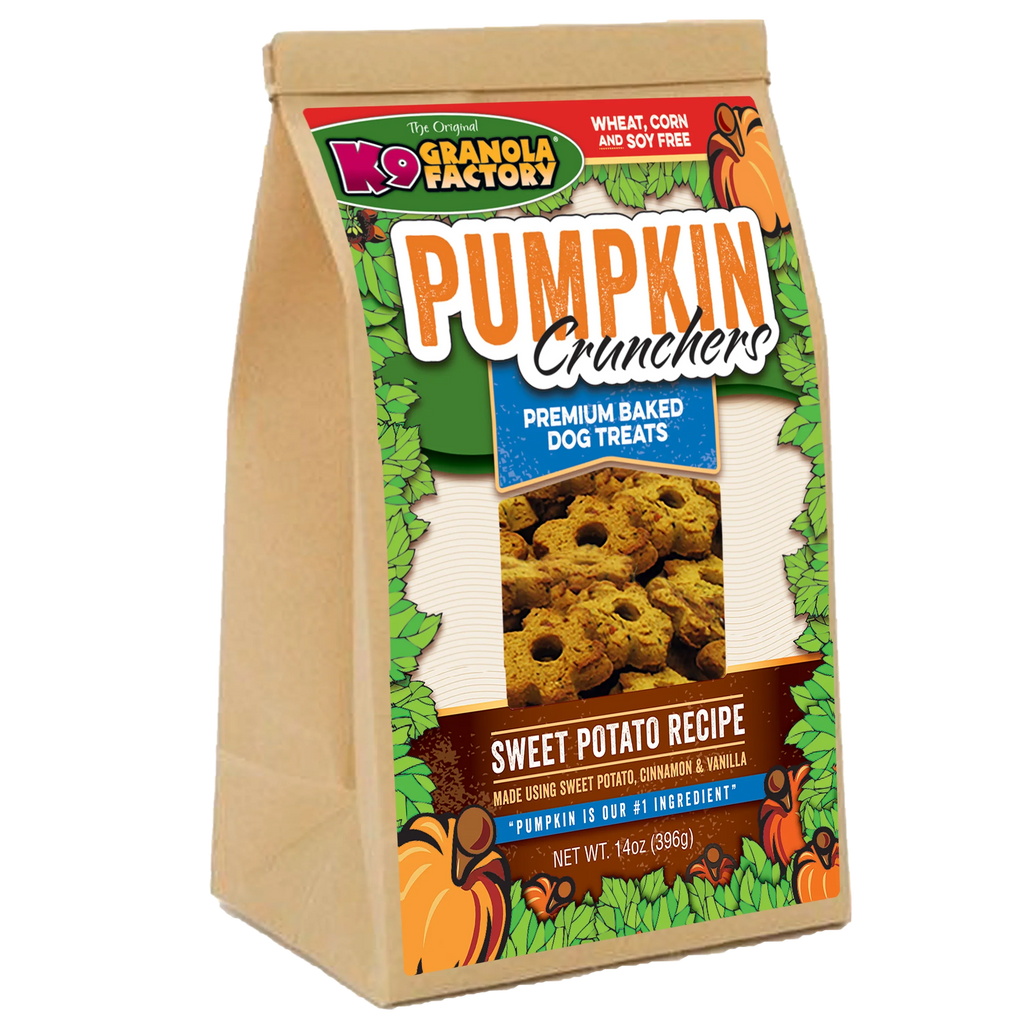 K9 Granola Factory dog treat bag: Pumpkin Crunchers, sweet potato recipe, 14 oz