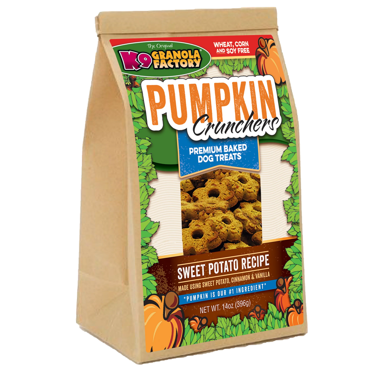 K9 Granola Factory dog treat bag: Pumpkin Crunchers, sweet potato recipe, 14 oz