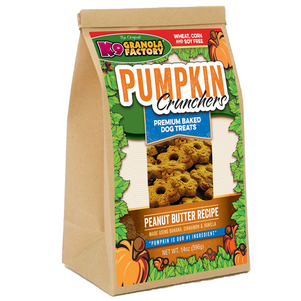Dog treat bag with Pumpkin Crunchers label, peanut butter recipe and banana