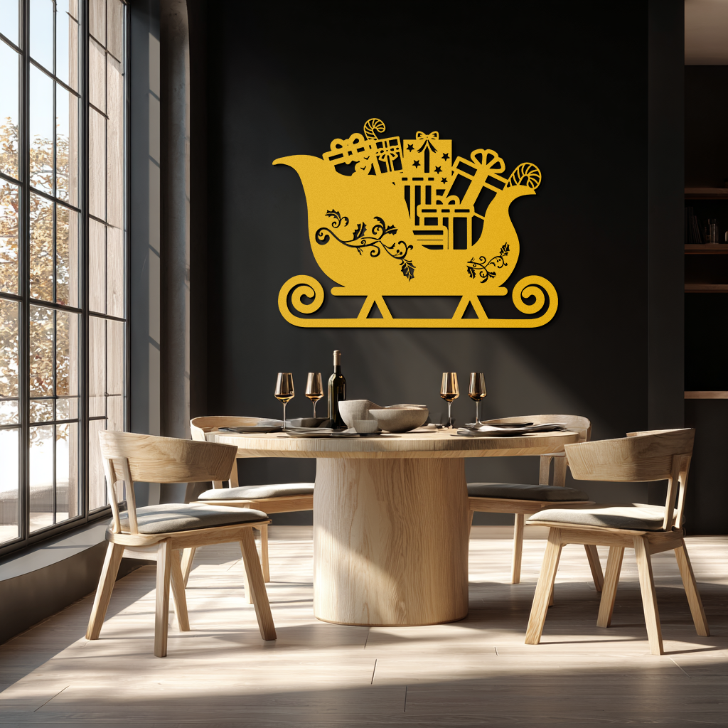 Gold metal Christmas sleigh wall art with gift boxes and ornate scrolling runner base