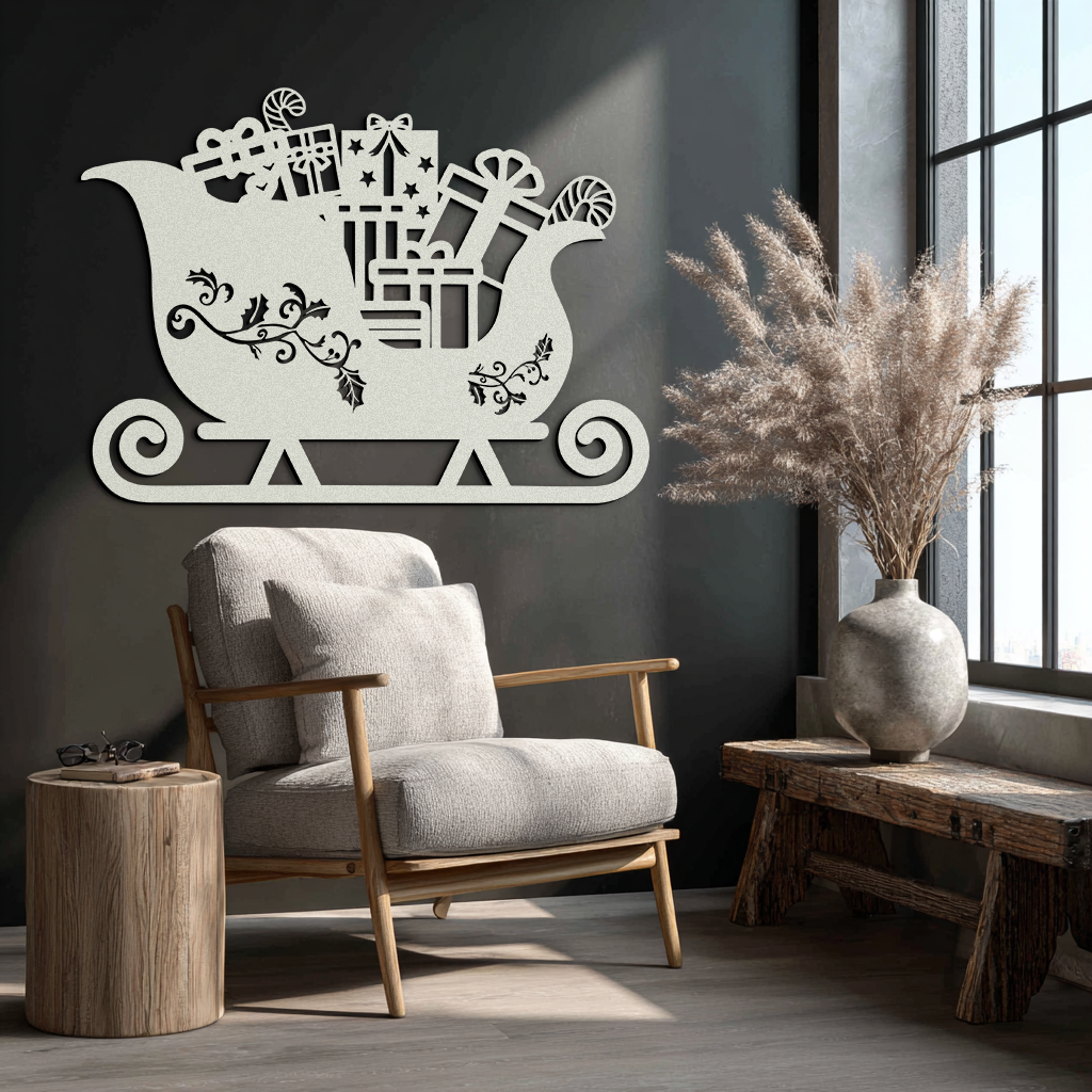 Sleigh-shaped metal wall art with festive gift and tree cutouts, white finish