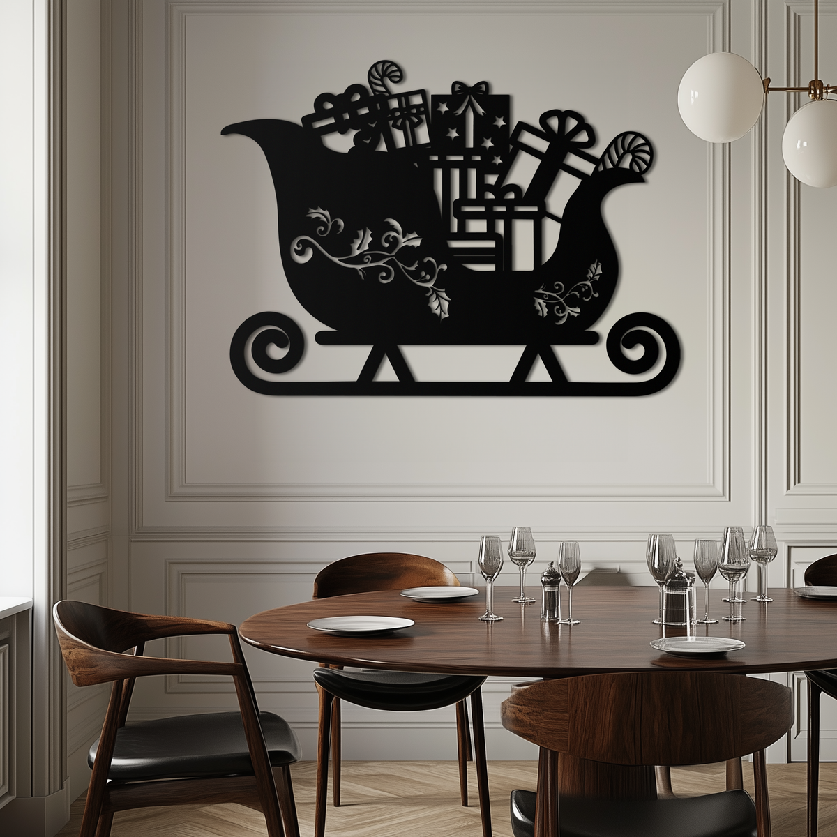 Black metal Christmas sleigh wall art with gift packages and ornate spiral runners