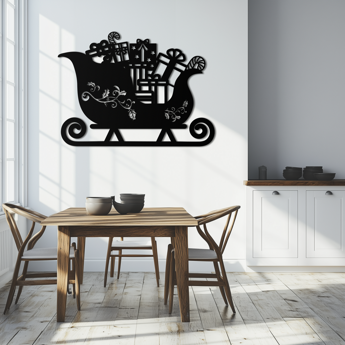Black metal sleigh wall art with gift stack and curling runner base