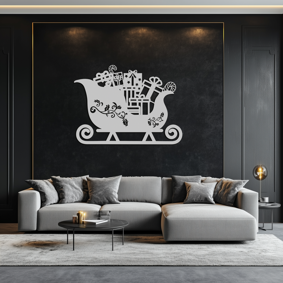 Silver-toned metal sleigh wall art with detailed gift stack and curling runners
